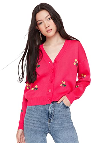 Trendyol Damski standardowy standardowy kardigan z dzianiny z dekoltem w serek, różowy, L