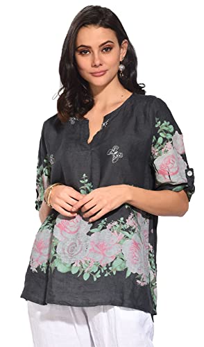 Bonateks damska top 100% lniana tunika Made in Italy, Tunezyjski top z kwiatowym nadrukiem i odpinanymi długimi rękawami, czarna, rozmiar: XL, czarny, XL