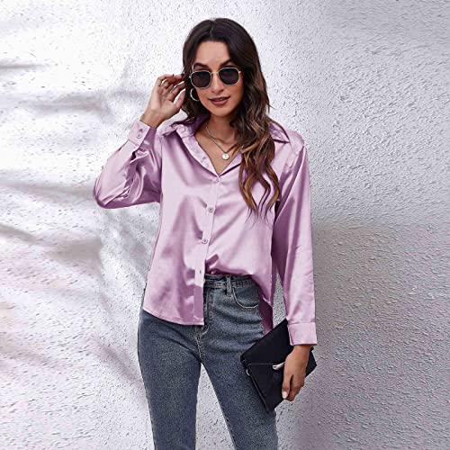 Clotth Damska koszula z długim rękawem z satynowego jedwabiu Button Down Shirt, Fioletowy-XXL, XXL