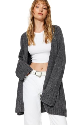 Trendyol FeMan Oversize Basic kardigan z dzianiny z dekoltem w serek, antracyt, M, Antracyt, M
