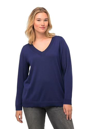 Ulla Popken Damski sweter z dekoltem w serek, długi rękaw, miękki sweter z delikatnej dzianiny, średni niebieski, 42/44