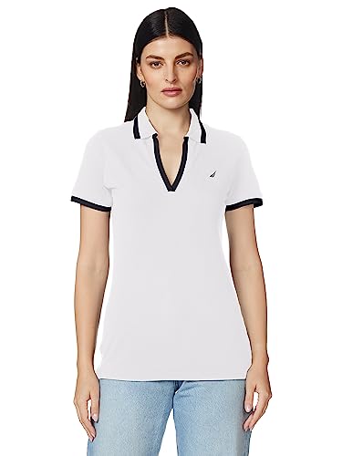 Nautica Damska koszulka polo Classic Fit, w paski, dekolt w serek, z rozciągliwym sznurkiem, z bawełny, Bright White, XXL