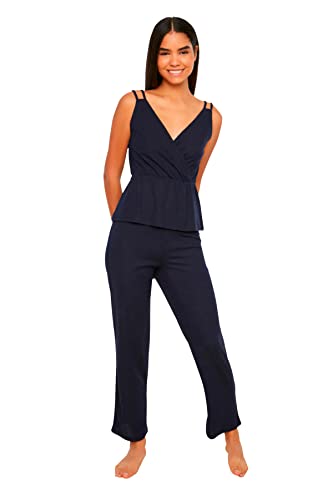 Trendyol Damski gładki średni dzianinowy biustonosz - spodnie piżamowe zestaw, granatowy, M