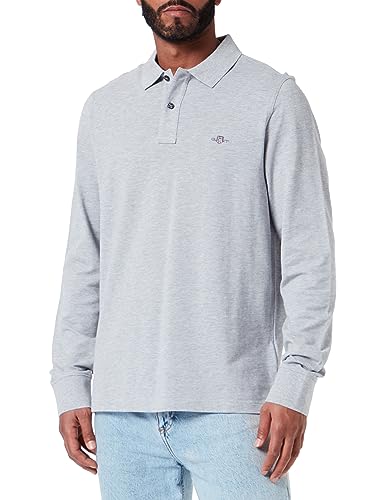 GANT Męska koszulka polo REG Shield LS Pique Rugger, szary melanż, standardowa, szary melanż, L