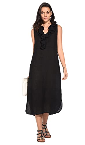 Sukienka damska 100% lniana Made in Italy, Krótka sukienka z dekoltem i kieszeniami, deserowa, rozmiar: XL, Pustynia, XL