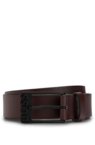 BOSS Simo-R-B Sz35 męski pasek z włoskiej skóry z matowym czarnym zapięciem z logo, Dark Brown202, 90