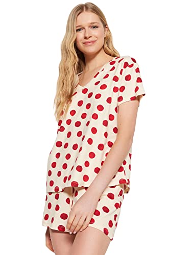 Trendyol Damska koszulka z dzianiny graficznej - zestaw krótkich piżam, bordowy, L, Burgund, L