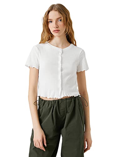 Koton Damska koszulka Crew Neck Short Sleeve Cotton Button Detail Crop T-Shirt, Ecru (010), M