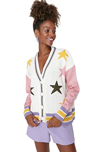 Trendyol Damski damski regularny standardowy sweter z dekoltem w serek dzianinowy kardigan, Ecru, M, Ecru, M