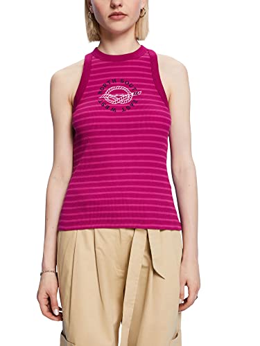 edc by Esprit Prążkowany tank top z haftem i nadrukiem, ciemnoróżowy, S