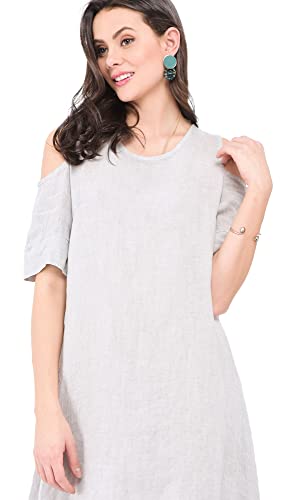 Sukienka damska 100% lniana Made in Italy, puszysta sukienka z okrągłym dekoltem i kieszeniami, granatowa, rozmiar: M, granatowy, M