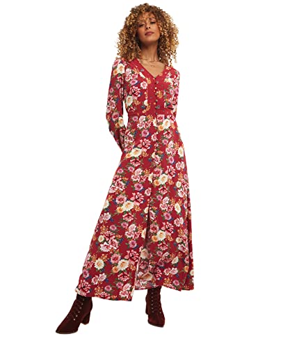 Joe Browns Damska sukienka maxi z guzikami w kwiaty boho na co dzień, czerwona, 12, Czerwony, 38