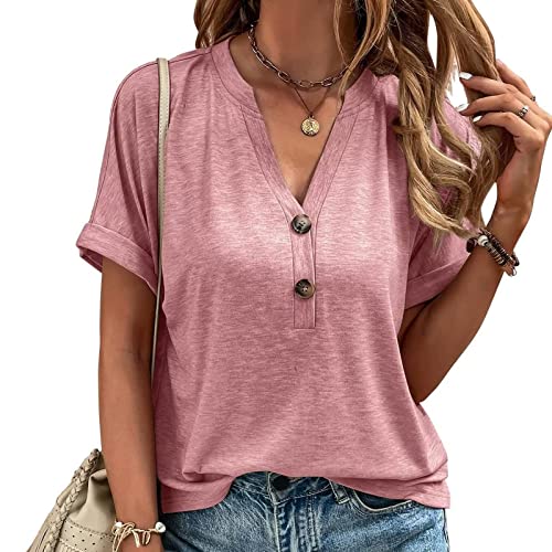 Clotth Damska bluzka europejska i amerykańska, jednokolorowa, guziki, modna, krótkie rękawy, Pink-2XL, XXL