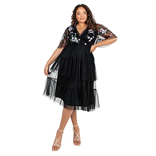 Maya Deluxe Damskie haftowane kwiaty i cekiny, V-neck sukienka Midaxi czarna siatka sukienka, Czarny, 34