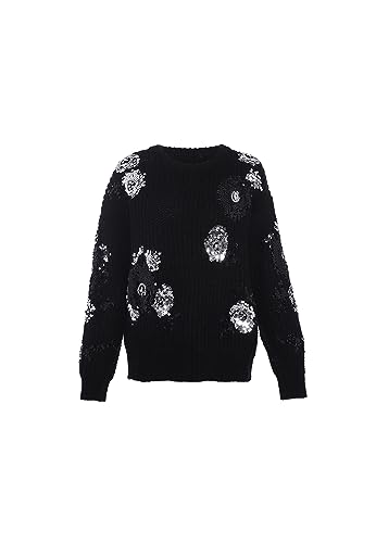faina Damski sweter z okrągłym dekoltem z cekinami i kwiatowym wzorem, czarny, rozmiar XL/XXL, czarny, XL