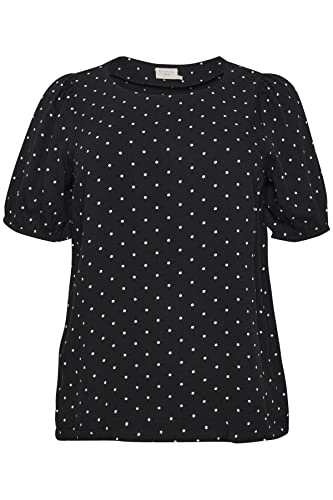 Kaffe Curve Plus Size Damska bluzka z krótkim rękawem o regularnej długości okrągły dekolt, Black Deep W. Białe kropki, 48/du?y rozmiar