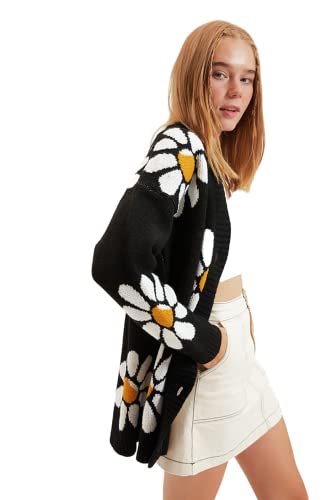 Trendyol Damski młody regularny standardowy kardigan z dekoltem w serek, Czarny, M