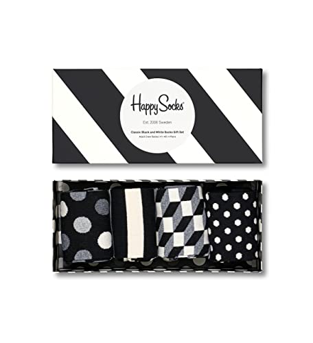 Happy Socks 4-Pack Classic Black & White Socks Gift Set, kolorowe i zabawne, Skarpetki dla kobiet i mężczyzn, Czarny-Biały (41-46)
