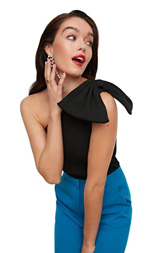 TRENDYOL Damska bluzka regular fit basic, asymetryczny kołnierz, trykot, czarny, 36
