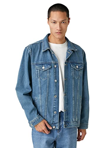 Koton Męska kurtka dżinsowa basic zapinana na guziki, klasyczny dekolt, Light Indigo (600), XL
