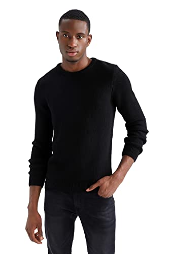 DeFacto Męski sweter z dzianiny z długim rękawem okrągły dekolt - slim fit sweter dla mężczyzn topy (czarny, XXL), czarny, XXL