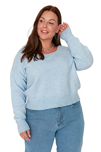 Trendyol Damska bluza z kwadratowym kołnierzem zwykła zwykła bluza plus size, Jasnoniebieski, 5XL