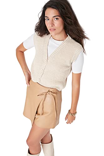 TRENDYOL Damska kamizelka z dekoltem w serek, jednokolorowa, regularna, dzianinowa, Sweater, Stone, M, Stone, M