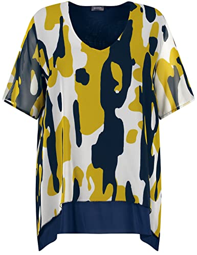 Samoon Damska bluzka z szyfonową warstwą półrękawa T-shirt z krótkim rękawem okrągły dekolt, Mood Blue wzorzysty, 52