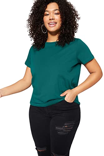 Trendyol Damska koszulka plus size, luźna, podstawowa, z okrągłym dekoltem, dzianinowa koszulka plus size, Szmaragd, 3XL