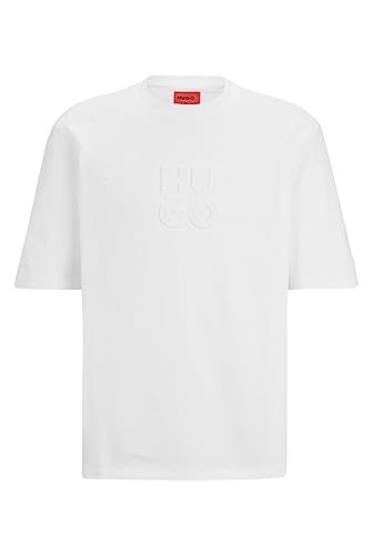HUGO Męski T-shirt Dleek Relaxed-Fit z bawełny z logo Stack, White100, XL