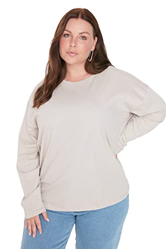 Trendyol Damska damska koszulka oversize z okrągłym dekoltem i dzianiny plus size, KAMIEŃ, XXL