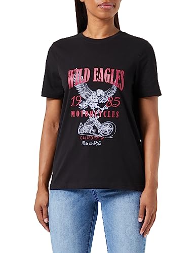 Vila T-shirt damski, Czarny/nadruk: dzikie orły, M
