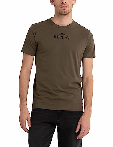 Replay T-shirt męski z krótkim rękawem z nadrukiem logo, 238 Army Green, L