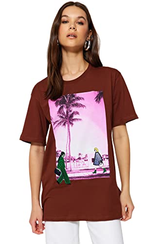 Trendyol Damska koszulka z dzianiny z okrągłym dekoltem, brązowy, S, Brązowy, S