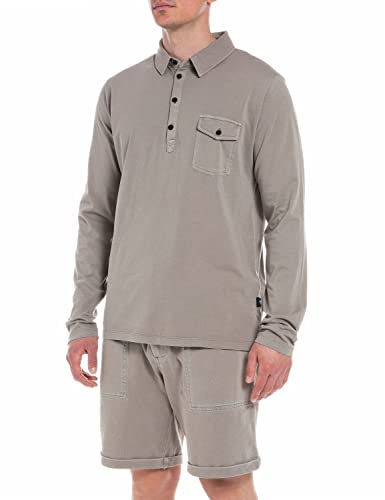 Replay Męska koszulka polo z długim rękawem z bawełny, 104 Warm Grey, M