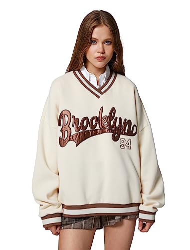 Koton Damska bluza oversized College Printed V Neck Embroidered, beżowy (063), m