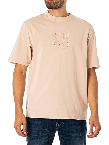 HUGO Męski T-shirt Dleek Relaxed-Fit z bawełny z logo Stack, Light Beige275, S