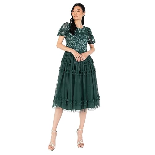 Maya Deluxe Damska sukienka damska Midi Ladies Sequin Embellished Short Sleeve Ruffle for Wedding Guest Bridesmaid Occasion Evening Ball Gown Dress, szmaragdowy (Emerald Green), 42