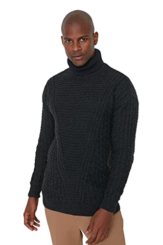 Trendyol Męska bluza z golfem, jednokolorowa, oversize, sweter, Antracyt, M