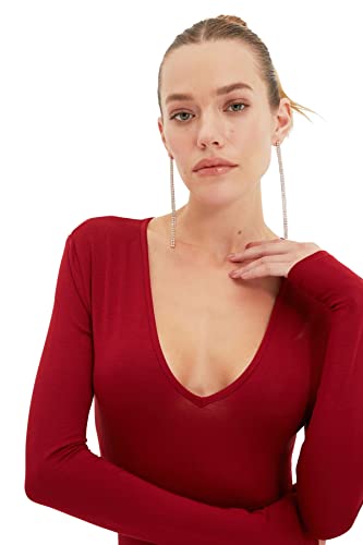 Trendyol Woman Slim Bodycon Scoop Neck Woven Bodysuit Koszula damska, Burgundy, 34