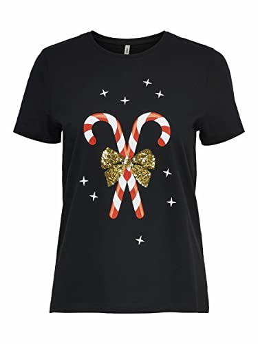 ONLY Damski T-shirt 'Onlxmas Yrsa' Boże Narodzenie Reg S/S Top JRS, Czarny/nadruk: laska cukierkowa, S
