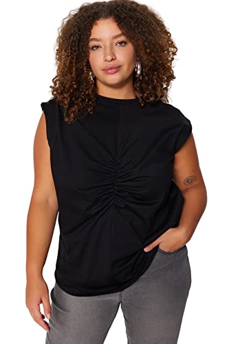 Trendyol Damska bluzka o regularnym kroju z okrągłym dekoltem i okrągłym dekoltem w rozmiarze plus size, czarna, 2XL, Czarny, XXLus