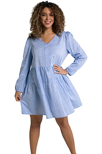 Ulla Popken Damska sukienka midi w paski, linia A, dekolt w serek, sukienka z długim rękawem, Allure Blue, 50