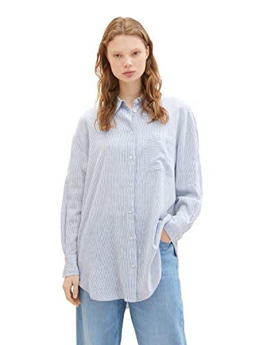 TOM TAILOR Denim Damska bluzka lniana Basic, 31715 - White Blue Vertical Stripe, L