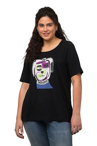 Ulla Popken Damska koszulka z nadrukiem psa, klasyczna koszulka, czarny, 58/60