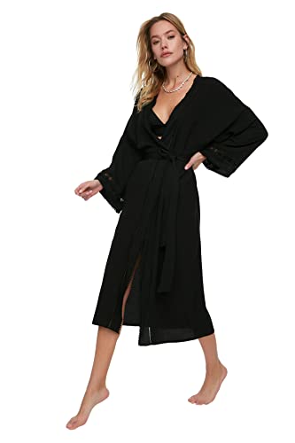 Trendyol Damski pasek koronkowy kimono i kaftan w paski, Czarny, M