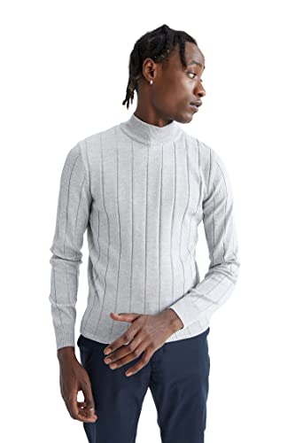 DeFacto Męski sweter z dzianiny z długim rękawem okrągły dekolt - slim fit sweter dla mężczyzn topy (szary melanż, S), szary melanż, S