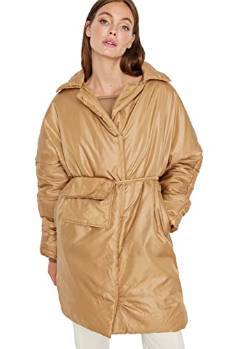 Trendyol Damska kurtka zimowa z klapą, jednokolorowa, oversize, wielbłądzi, L, Wielbłądzi