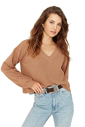 Trendyol Damska bluza z dekoltem w serek, jednokolorowa, oversize, sweter, Wielbłądzi, M