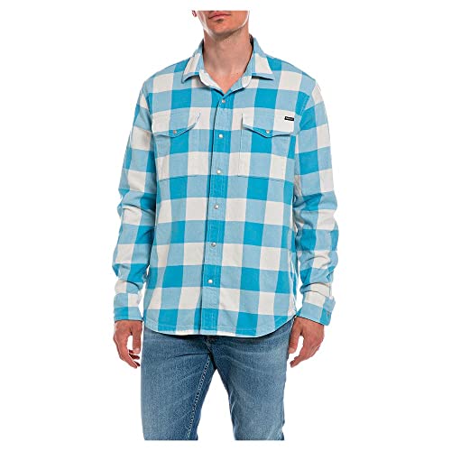 Replay Męska koszula M4067A, 020 Pale cyjan/Natural White, S, 020 Pale cyjan/naturalna biel, S